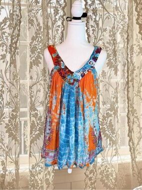 Vintage Y2K Fairycore Blue and Orange Tie-dye Top